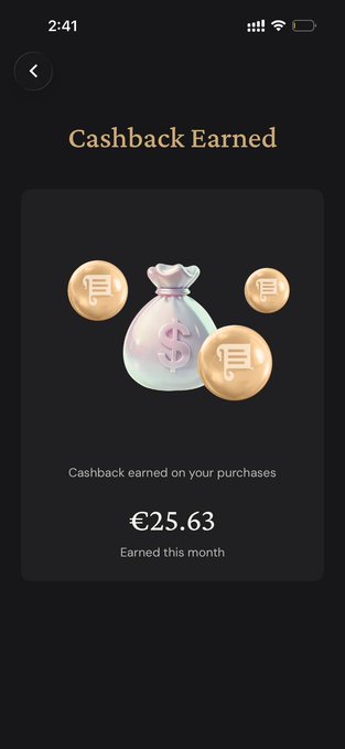 A mobile app screen displays 'Cashback Earned' with an illustration of a money bag and coins, showing '€25.63' earned this month.