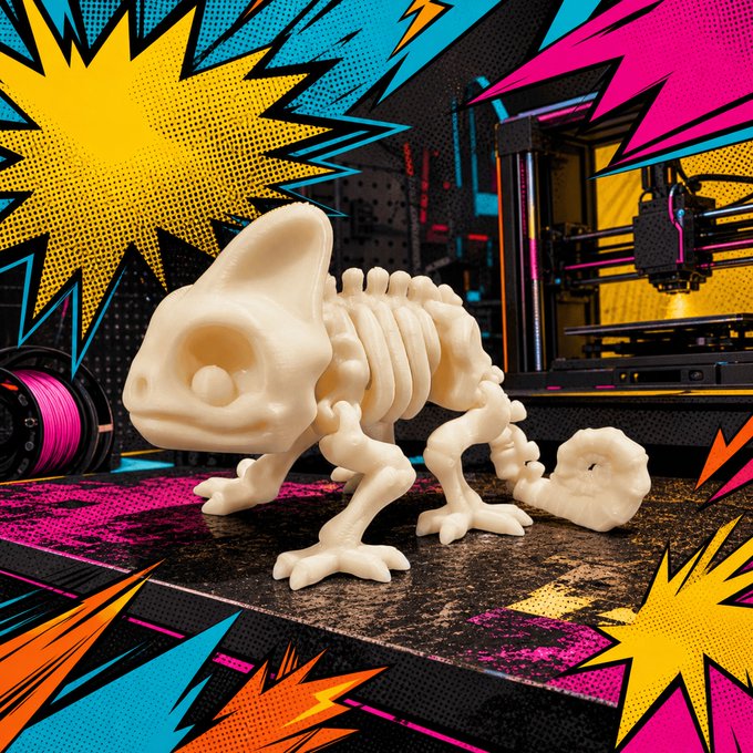 A pop-art style image featuring a 3D-printed chameleon skeleton posed in front of a 3D printer with vibrant comic-book explosion graphics in yellow, pink, and blue.