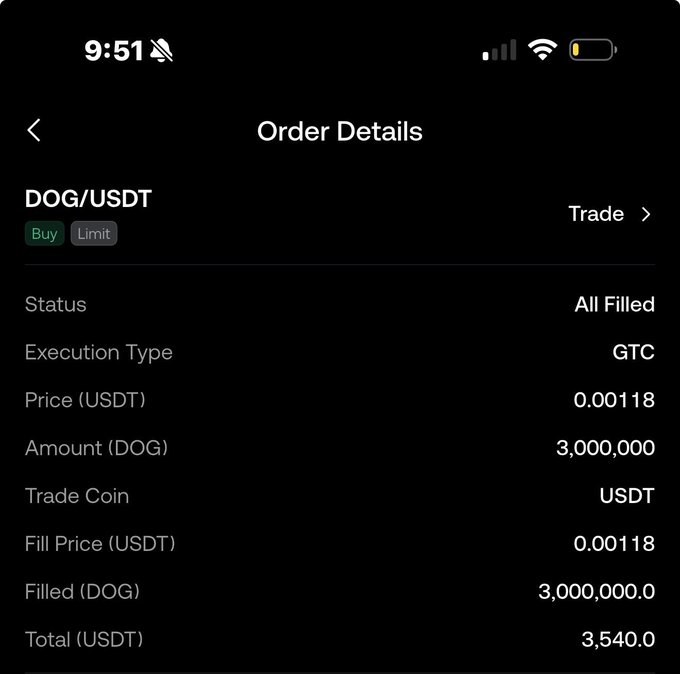 An Order Details screen on a mobile crypto exchange showing a filled buy limit order for DOG/USDT at 0.00118 USDT, totaling 3,000,000 DOG for 3,540.0 USDT.