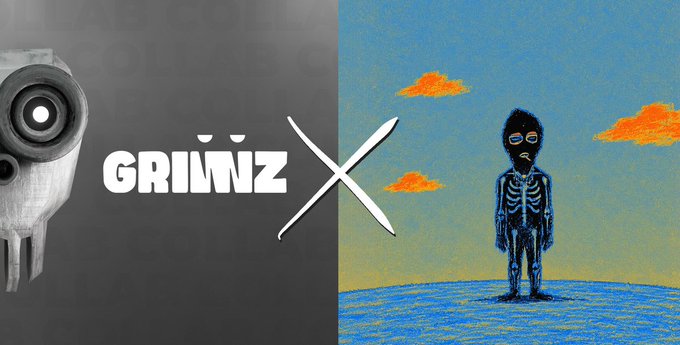 A promotional image showing a collaboration marked with an 'X' between 'GRÜNZ' (featuring a grayscale skull logo) and an artist (featuring a blue skeletal figure standing in water against a sky with orange clouds).