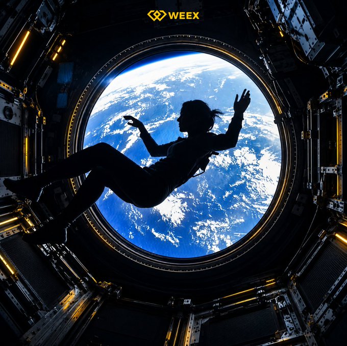 A WEEX promotional image showing a silhouetted figure floating in front of a large circular window with a view of Earth from space, with the WEEX logo at the top.