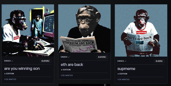 A triptych of NFT profile pictures features monkeys in various settings - one DJing, one reading 'ETHEREUM ARE BACK' in the Financial Times, and another in a Supreme shirt reading 'NFIs are back' - with prices and '1/25 MINTED' edition info displayed below each.