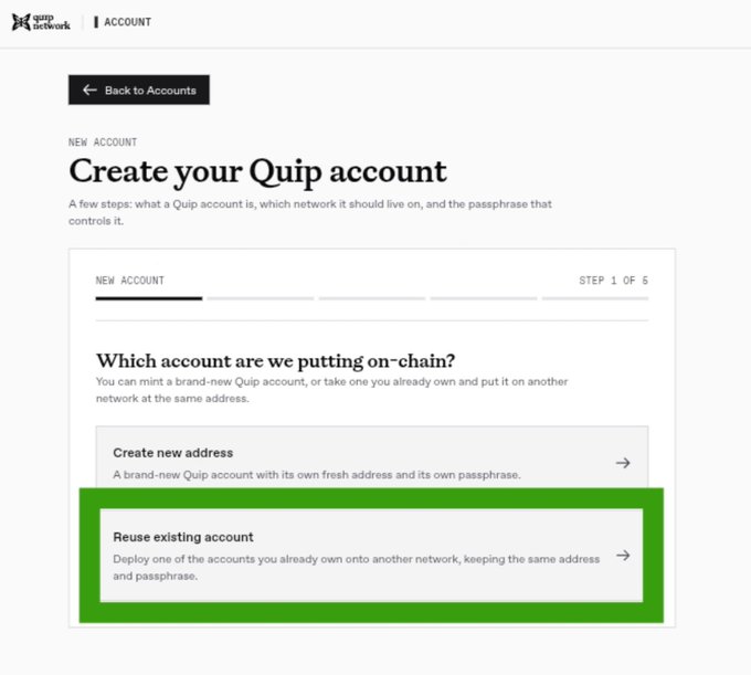 A webpage screenshot shows the Quip Network 'Create your Quip account' page with the 'Reuse existing account' option highlighted in green.