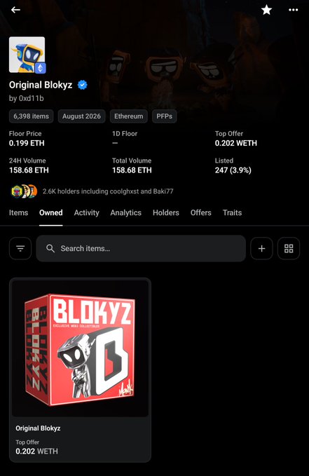 A mobile screenshot of the 'Original Blokyz' NFT collection page showing stats like a floor price of 0.199 ETH, 6,398 items, and 158.68 ETH 24h volume.
