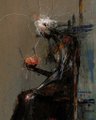A small, expressionistic painting depicting a dark, bird-like figure holding a red fruit or flower, rendered in moody brown and gray tones.