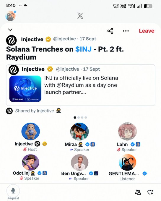 A Twitter Spaces screenshot titled 'Solana Trenches on $INJ - Pt. 2 ft. Raydium' hosted by Injective, featuring speakers including Mirza, Lahn, Odot.inj, and Ben Ungvary.