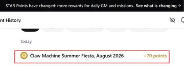 The image shows a "Point History" interface displaying a reward of "+70 points" earned from a "Claw Machine Summer Fiesta, August 2026" mission. It relates to the post by illustrating how STAR Points are accumulated through completed campaign missions, which aligns with the described Startale App's September Harvest campaign where users earn up to 200 STAR Points by completing various tasks.