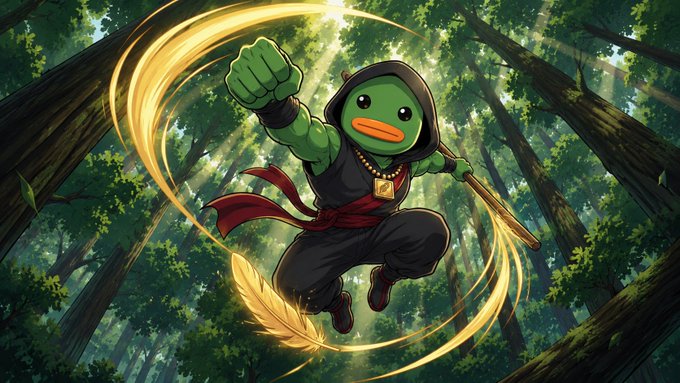 An animated duck character in black ninja robes with a red sash performs a flying punch with a glowing fist in a forest setting.