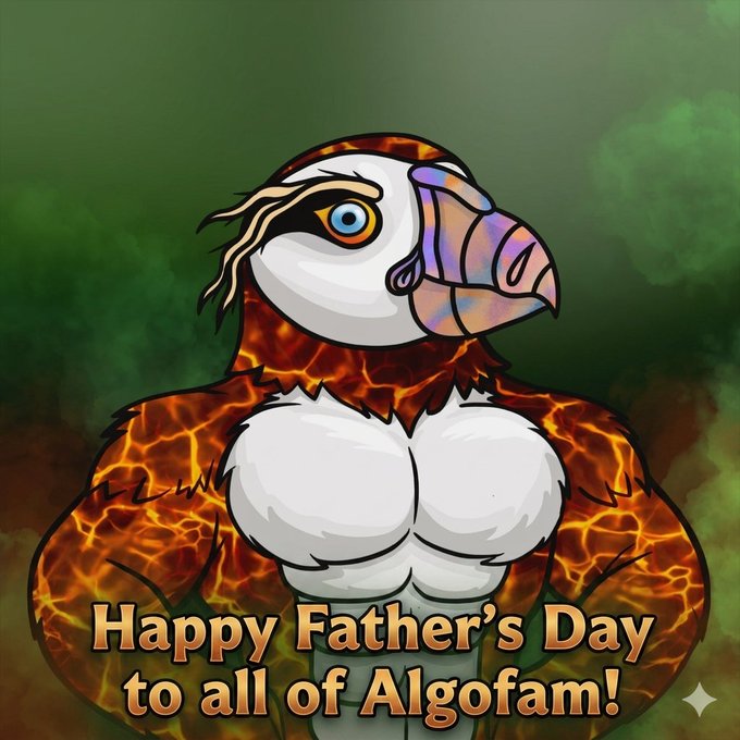 The image features a cartoon bird with an orange body and white chest, standing against a green background. The bird has a pink beak and wings, giving it a unique appearance. The text "Happy Father's Day to all dads of AlgoFam!" is written in black at the bottom of the image.