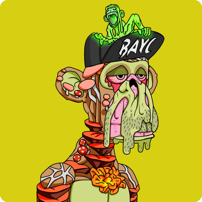 A surreal cartoon illustration on a yellow background featuring a grotesque melting ice cream creature wearing a 'BAYC' cap with a green zombie-like figure on top.
