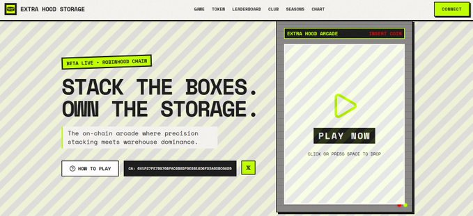 Screenshot of an 'EXTRA HOOD STORAGE' website with the headline 'STACK THE BOXES. OWN THE STORAGE.', subtitle 'BETA LIVE • WAREHOUSE CHAIN', and an 'EXTRA HOOD ARCADE' mock game cabinet with a 'PLAY NOW' button.