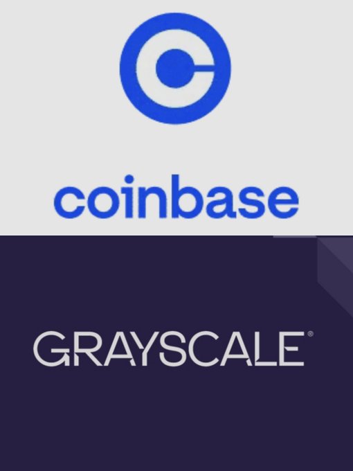 The image shows the logos of cryptocurrency companies, with Coinbase on top and Grayscale on the bottom.