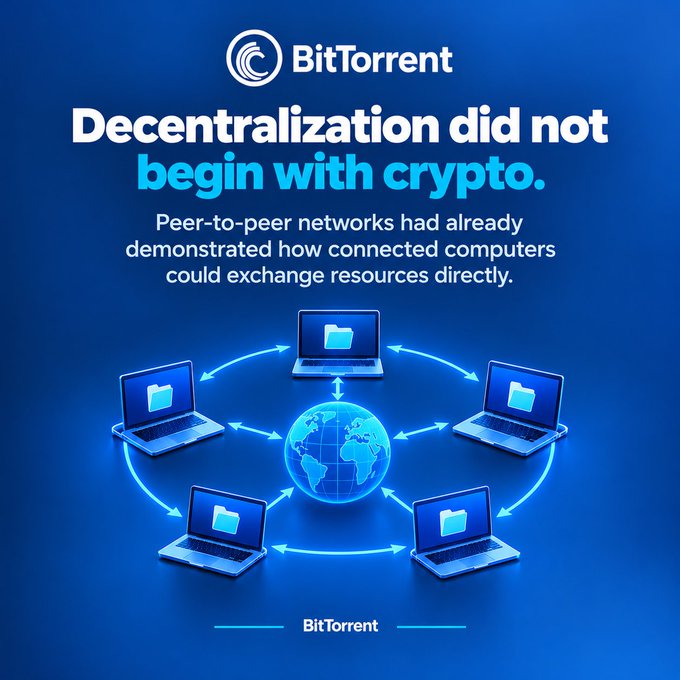 BitTorrent promotional graphic declaring 'Decentralization did not begin with crypto,' explaining that peer-to-peer networks had already shown how connected computers could exchange resources directly, accompanied by an illustration of laptops sharing files around a globe.