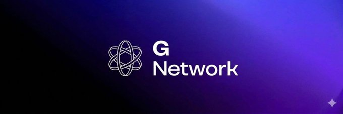 A minimalist logo design featuring an atom icon and the text 'G Network' on a dark purple gradient background.