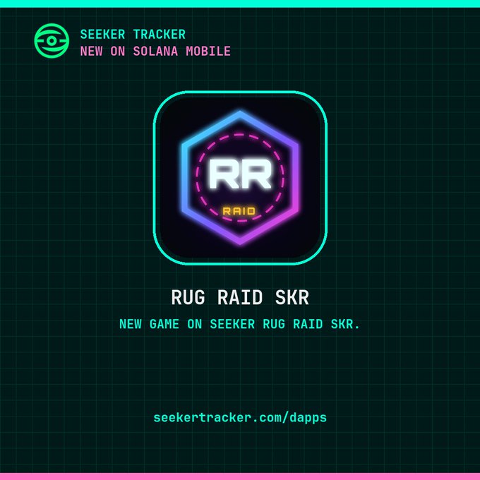 A digital advertisement displays the Seeker Tracker logo and text promoting 'RUG RAID SKR' as a 'NEW GAME ON SEEKER RUG RAID SKR' with the URL 'seekertracker.com/dapps'.
