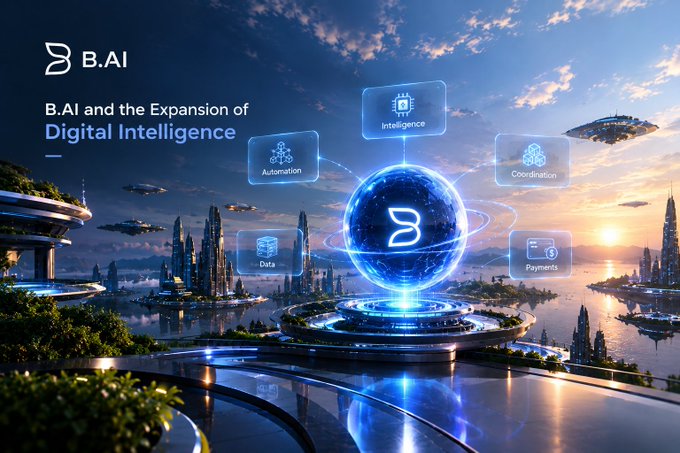 A promotional graphic for B.AI titled 'B.AI and the Expansion of Digital Intelligence' showing a futuristic cityscape with a glowing central orb representing intelligence, surrounded by nodes for Automation, Data, Coordination, and Payments.