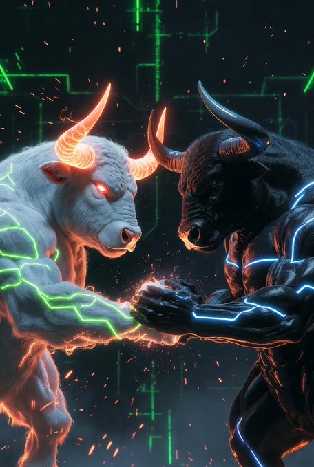 Two powerful bull and bear figures, glowing with electric green and blue energy, clash in an intense confrontation that visually represents the $LEVI and $ANSEM meme coin rivalry, symbolizing the bullish fight to revive the crypto market.