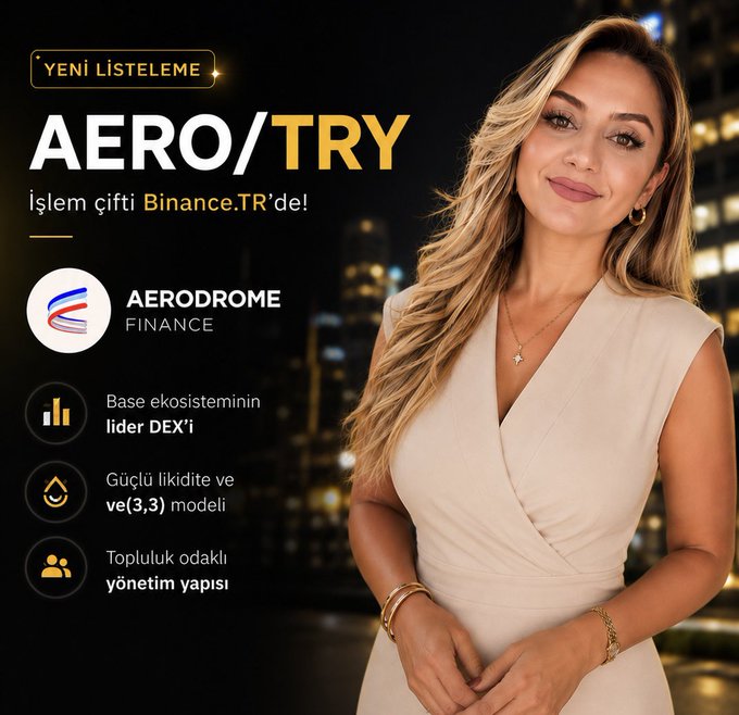 A promotional advertisement for "AERO/TRY" on Binance.TR featuring Aerodrome Finance, describing it as the leading DEX of the Base ecosystem, with a woman in a cream dress pictured alongside features like strong liquidity, ve(3,3) model, and community-focused management.