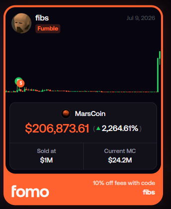 The image shows a Fomo platform notification from user "fbs" (titled "Fumble") dated July 9, 2026, displaying a MarsCoin trade sold for $1M with a 2,264.61% gain at $206,873.61 and current market cap of $24.2M. The post humorously captures the irony of "fbs" missing out after selling early, as MarsCoin's price action (shown in the chart with a small early spike and recent surge) implies significant further gains that were left on the table.