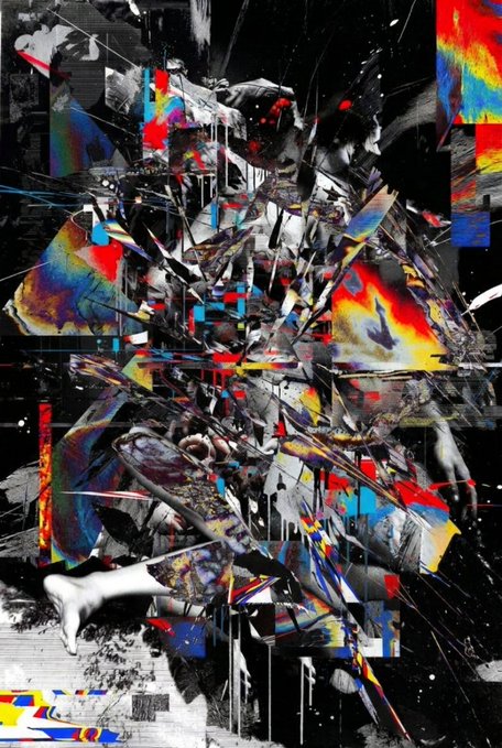 A chaotic mixed-media collage bursts with fragmented black, red, blue, and yellow shapes layered over a partial human figure, creating a dynamic, shattered visual effect.