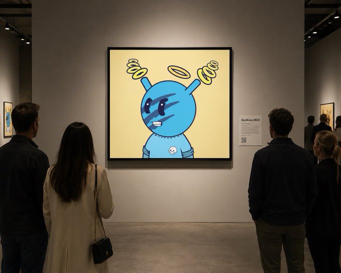 Visitors observe a yellow artwork in a gallery featuring a blue character with antennae and sunglasses, with a placard titled 'Quikious #820'.