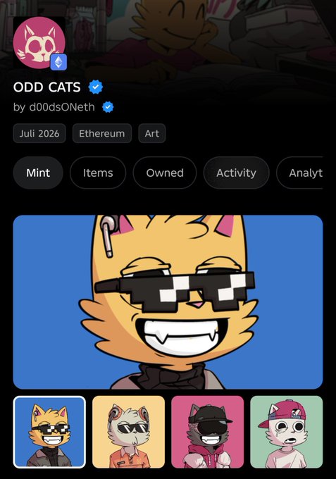 A mobile app screen shows an NFT collection called 'ODD CATS' by d00dsONeth, featuring cartoon cat characters with the main image showing an orange cat wearing pixelated sunglasses.