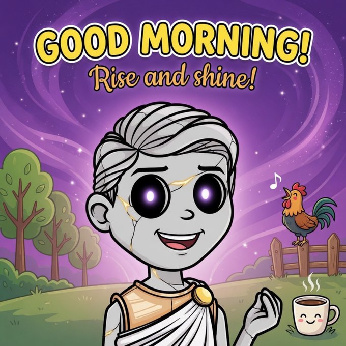 A cartoon character with glowing purple eyes stands in a dreamy pastel landscape with a rooster crowing on a fence and a smiling coffee mug, beneath text reading "GOOD MORNING! Rise and shine!"—a whimsical GM (good morning) visual that matches the post's cheerful crypto greeting and call to drop SOL wallets and follow @Unemployydd.