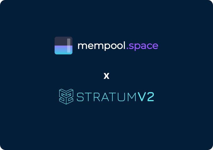 A dark blue graphic displays a collaboration between 'mempool.space' and 'STRATUMV2', featuring their respective logos separated by an 'x'.