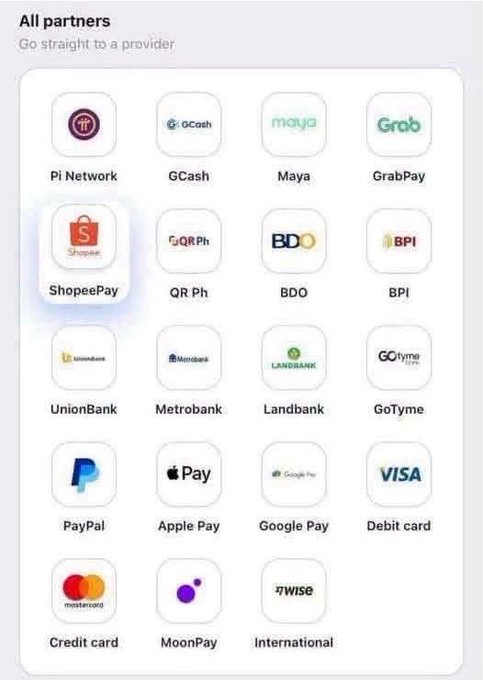 A screenshot showing 'All partners' payment options including Pi Network, GCash, Maya, GrabPay, ShopeePay, QR Ph, BDO, BPI, UnionBank, Metrobank, Landbank, GoTyme, PayPal, Apple Pay, Google Pay, VISA, credit card, MoonPay, and International.