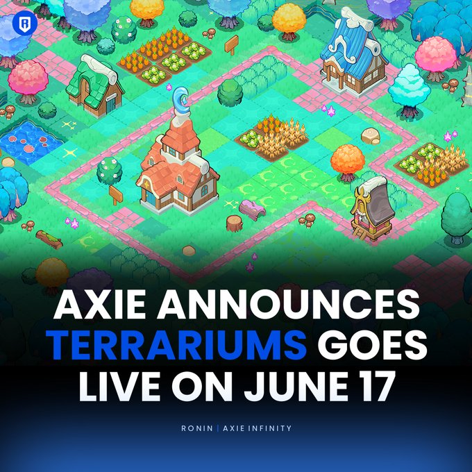 The image features an illustration of a game map for the video game Axie Infinity, which has been updated with a new chapter titled "June 17". The title of the post reads "Axie Infinity live on June 17", indicating that the game is now available for players to access and enjoy at this time.