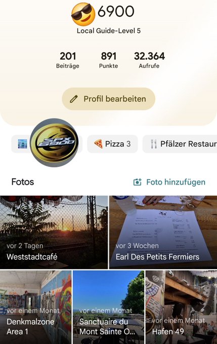 A Google Maps local guide profile screenshot showing level 5 status with 6900 points, 201 reviews, and various photos including "Weststadtcafé" and "Earl Des Petits Fermiers".