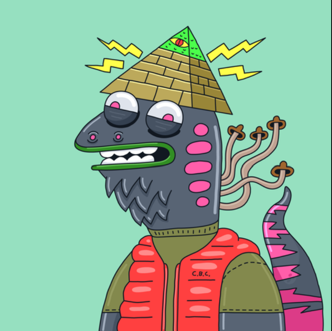A cartoon creature with a grey snout, beard, pink spots, tube-like appendages, lightning bolts, a pyramid on its head, and wearing a red puffer vest over an olive shirt.