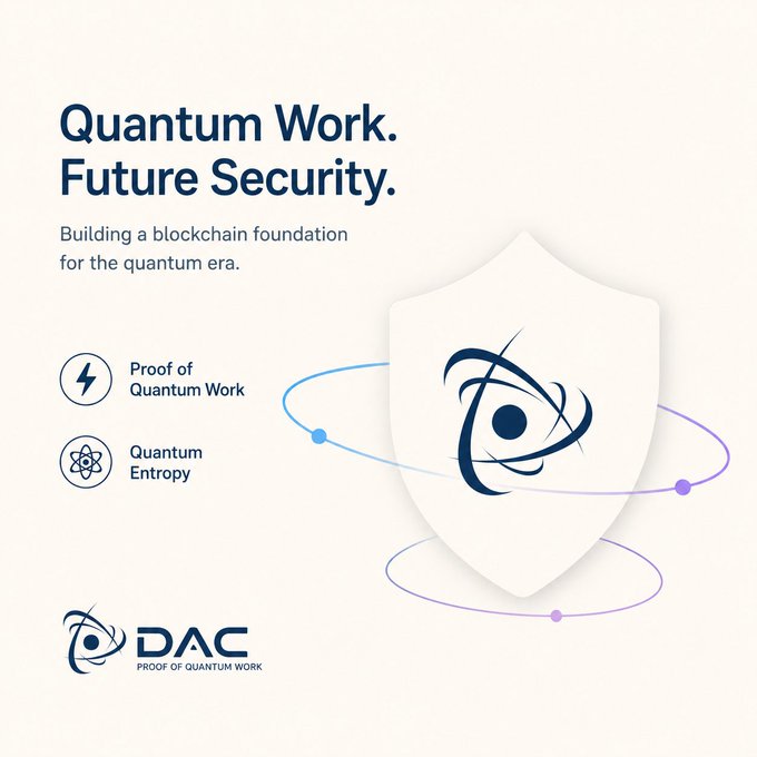 The image features a shield-like design with a blue circle at its center containing a black dot inside. The shield has a white border around it, and there are three blue circles surrounding the shield. Below the shield, there's text that reads "Quantum Work. Future Security. Proof of Quantum Work (PoQW). A consensus model designed with the quantum era in mind." This suggests that the image is related to the concept of Proof of Quantum Work or PoQW and its application in securing future technologies.