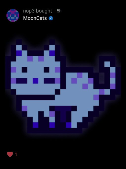 A notification on a dark background showing "nop3 bought · 5h" purchasing "MoonCats" with a verified checkmark, displayed next to a pixel art image of a blue/purple cat with a heart icon showing 1 like.
