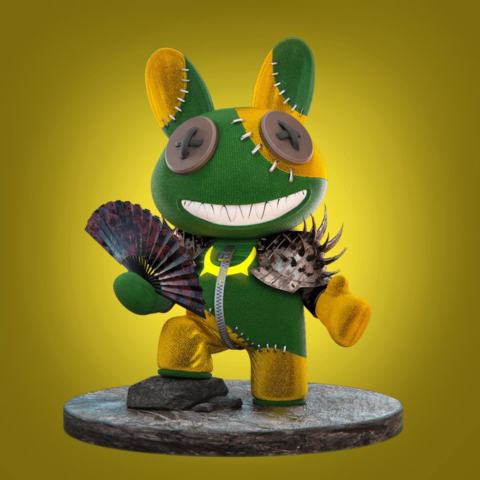 A 3D-rendered stitched green and yellow plush character with button eyes holds a decorative fan and spiked gauntlet, standing on a stone platform against a yellow background.
