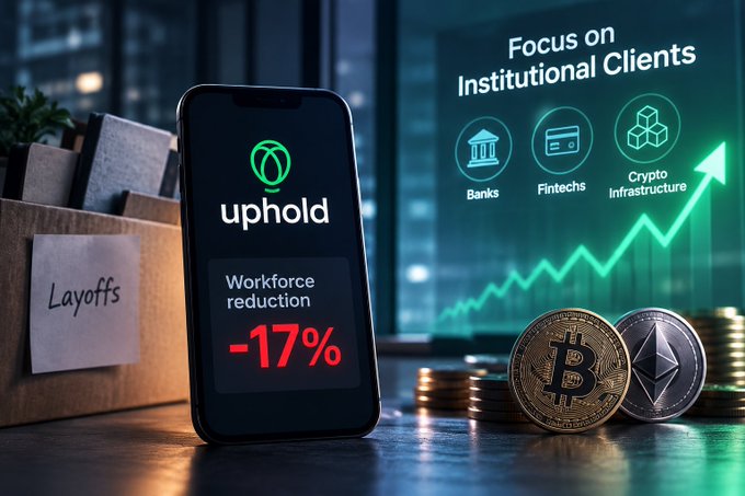 A graphic showing a smartphone displaying the 'uphold' logo and a 'Workforce reduction' of '-17%', with a box labeled 'Layoffs' and text reading 'Focus on Institutional Clients' alongside Bitcoin and Ethereum coins.