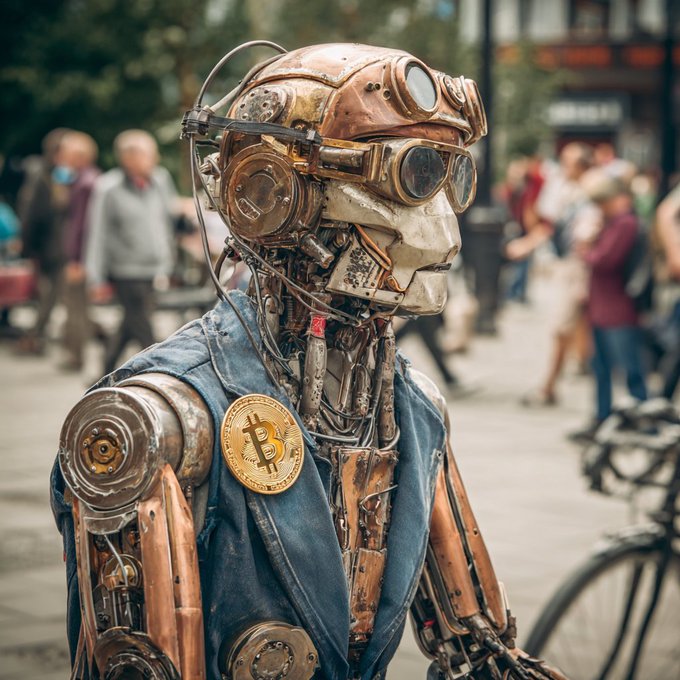 A detailed steampunk-style robot figure with goggles, a leather aviator-style helmet, and a Bitcoin emblem on its chest, standing in a busy urban street setting.