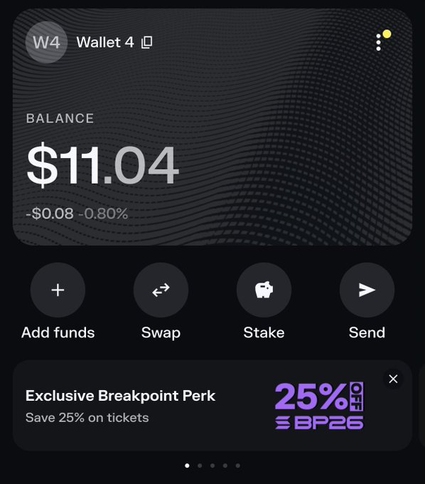A Solflare wallet (Wallet 4) dashboard showing a balance of $11.04, down $0.08 (-0.80%), with a promotional banner highlighting an "Exclusive Breakpoint Perk" offering 25% off BP26 tickets—directly matching the post's mention of seeing BP26 ticket perks in their Solflare wallet.