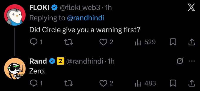 The image shows a Twitter post with two different users, one of whom has reposted a message about a warning circle. The other user's name is Randi, who has posted a response to the original tweet. The post includes a link to a Circle that says "circle give you a warning first". The caption of the post reads: "thảo nào hôm nay Zama hư quá hư là đây tình hình là Circle tự nhiên cóng bảo là Zero. CA token Zama đã bị Circle đóng băng:".