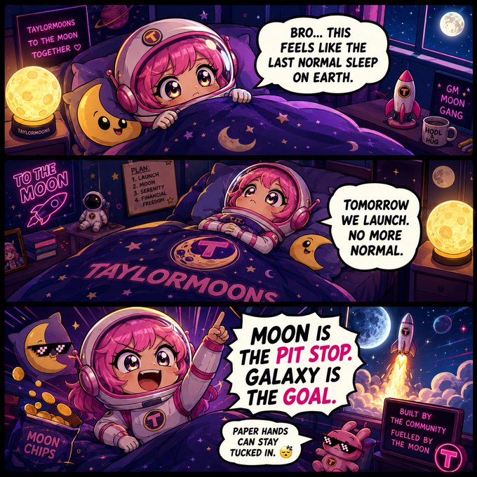 A three-panel comic illustration features a pink-haired character in a spacesuit with 'TAYLORMOONS' branding, including dialogue about moon missions and the message 'MOON IS THE PIT STOP. GALAXY IS THE GOAL.'