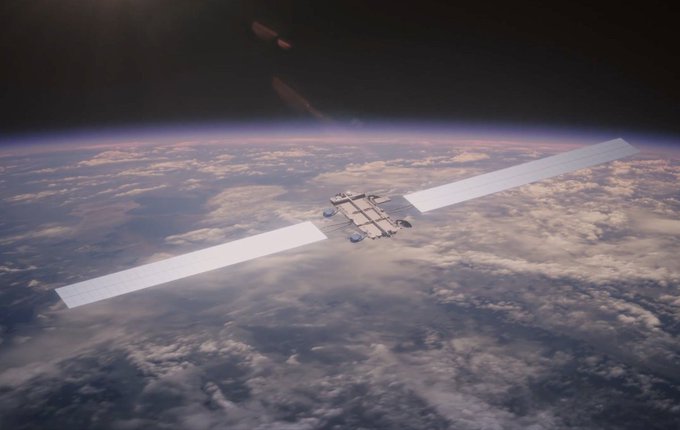 A satellite with extended solar arrays orbits above Earth, with the planet's cloud-covered surface and atmospheric glow visible below against the darkness of space.