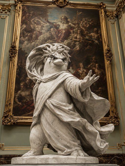 A marble statue of a bird-like humanoid figure wearing classical robes with a laurel crown, displayed in front of an ornate baroque painting in a gilded frame.