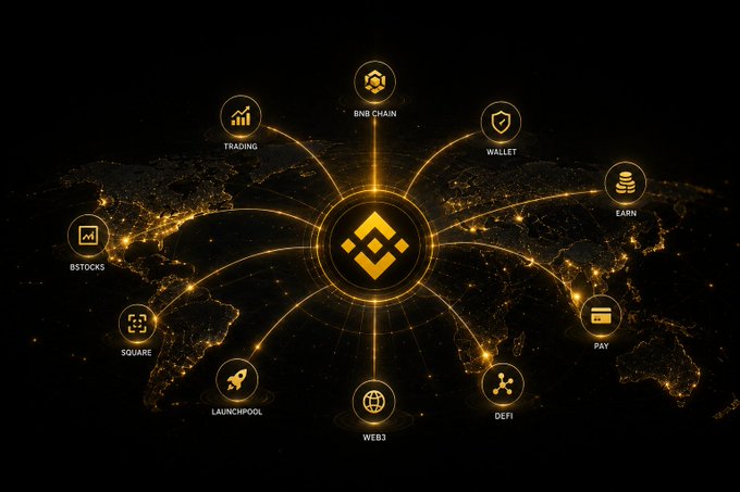 The image showcases the Binance ecosystem hub-and-spoke model, with the central Binance logo connected to various services including BNB Chain, Wallet, Earn, Pay, DeFi, Web3, Launchpool, Square, BSTOCKS, and Trading, all set against a glowing world map background.

This visualization reinforces the post's message by illustrating that Binance extends far beyond simple cryptocurrency trading—it's building an entire interconnected ecosystem that aims to digitize value and assets across the globe, much like the internet once digitized information.