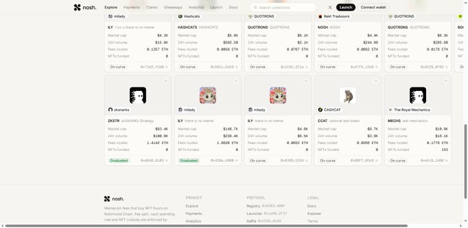 A screenshot of the 'nosh' NFT marketplace interface displaying various NFT collections like 'milady', 'HASHICATS', and 'QUITRONS' with their market caps and trading volumes.