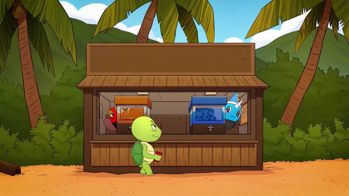 An animated scene shows a green turtle standing in front of a wooden tropical refreshment stand, holding a red cup. Inside the stand, a red bird and a blue character wearing a small hat are visible behind the dispensers.