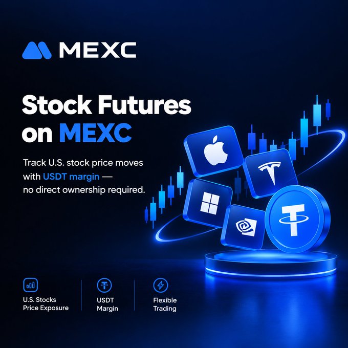 A dark blue promotional advertisement for MEXC cryptocurrency exchange promoting 'Stock Futures on MEXC' with text 'Track U.S. stock price moves with USDT margin — no direct ownership required,' featuring logos for Apple, Tesla, Microsoft, Nvidia, and Tether (USDT).