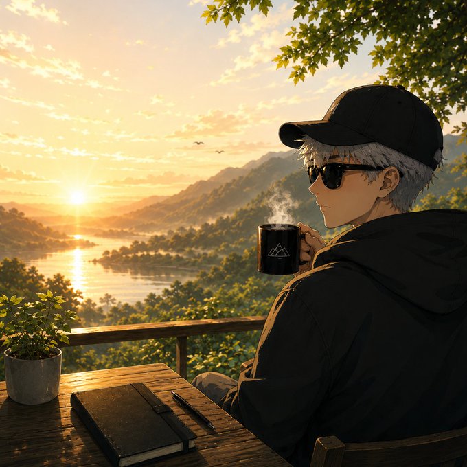 An anime-style character with silver hair, sunglasses, and a black cap sips steaming coffee from a mug while overlooking a serene sunrise over a lake, with a notebook and pen on the table—capturing a peaceful, reflective morning vibe that matches the "Happy Tuesday!" greeting.
