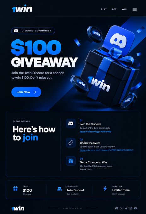 A promotional webpage for '1win' advertising a '$100 GIVEAWAY' on Discord, with a blue gift box graphic and step-by-step instructions for joining.