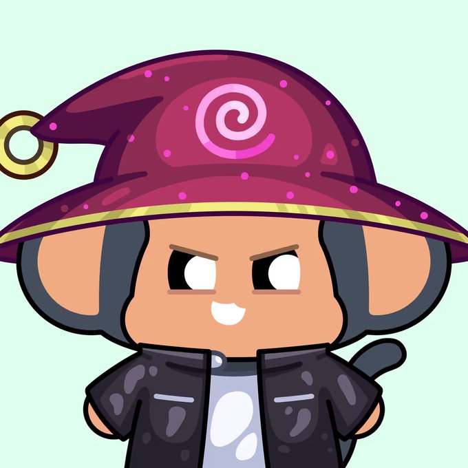 A cute cartoon character with mouse ears, a dark purple swirl-patterned witch hat, an eye patch, and a leather jacket, smiling against a light blue background.