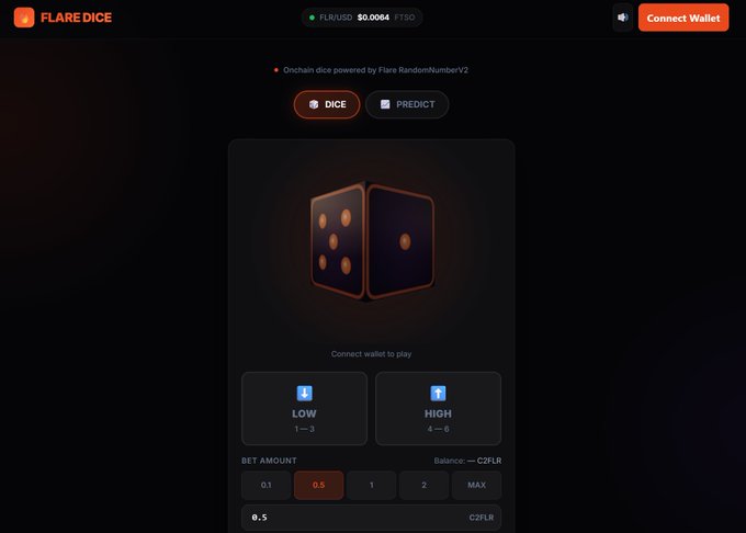 A screenshot of the Flare Dice website showing an on-chain dice game interface with options to bet 'LOW' (1-3) or 'HIGH' (4-6), featuring a 0.5 FLR bet amount.